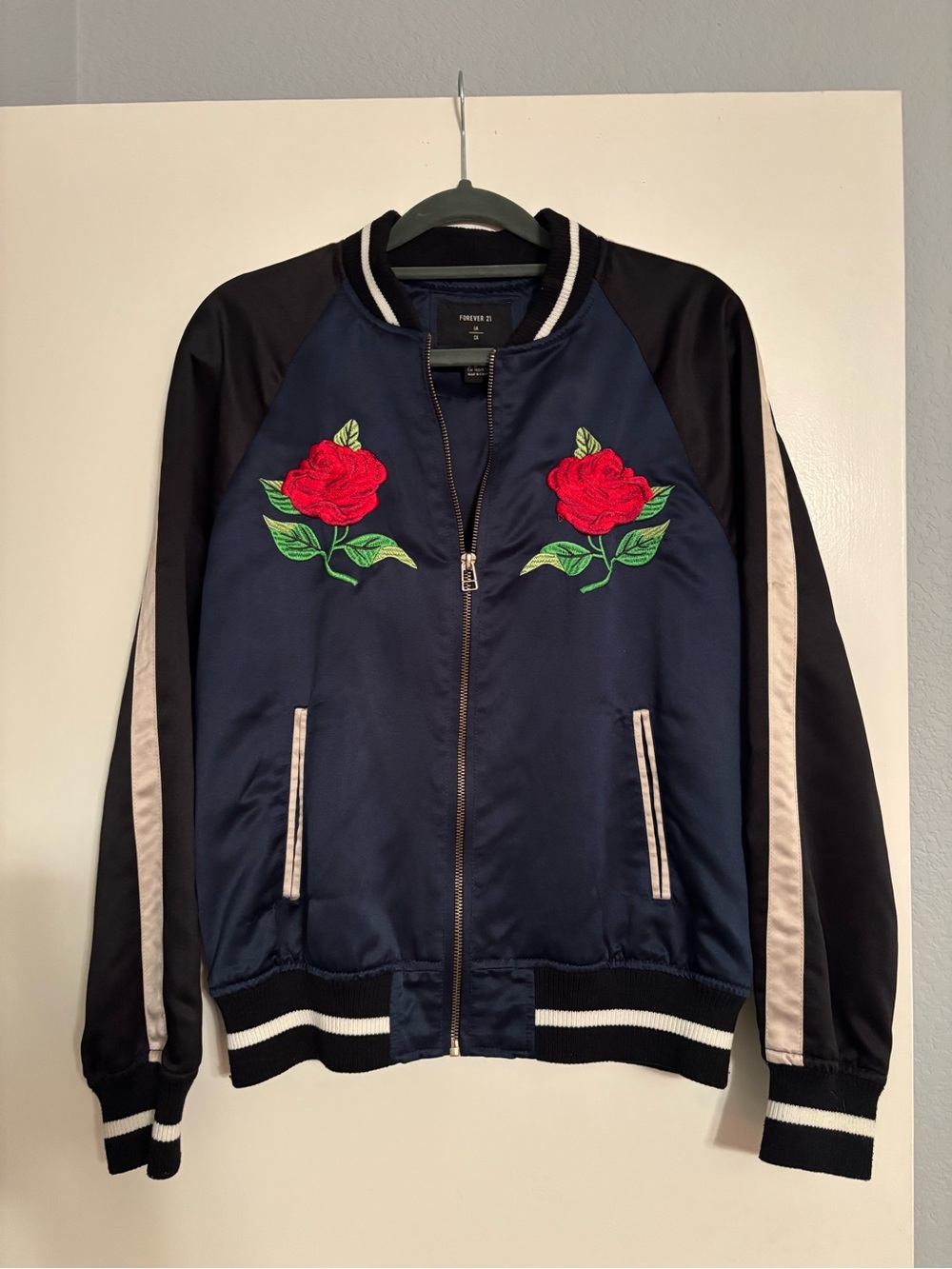 2016 Forever 21 Navy Bomber Jacket with Red Rose Embroidery
